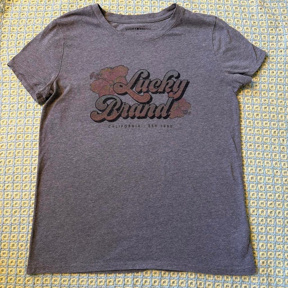 Lucky Brand Grey Hibiscus Flower Graphic Tee Y2K Small
